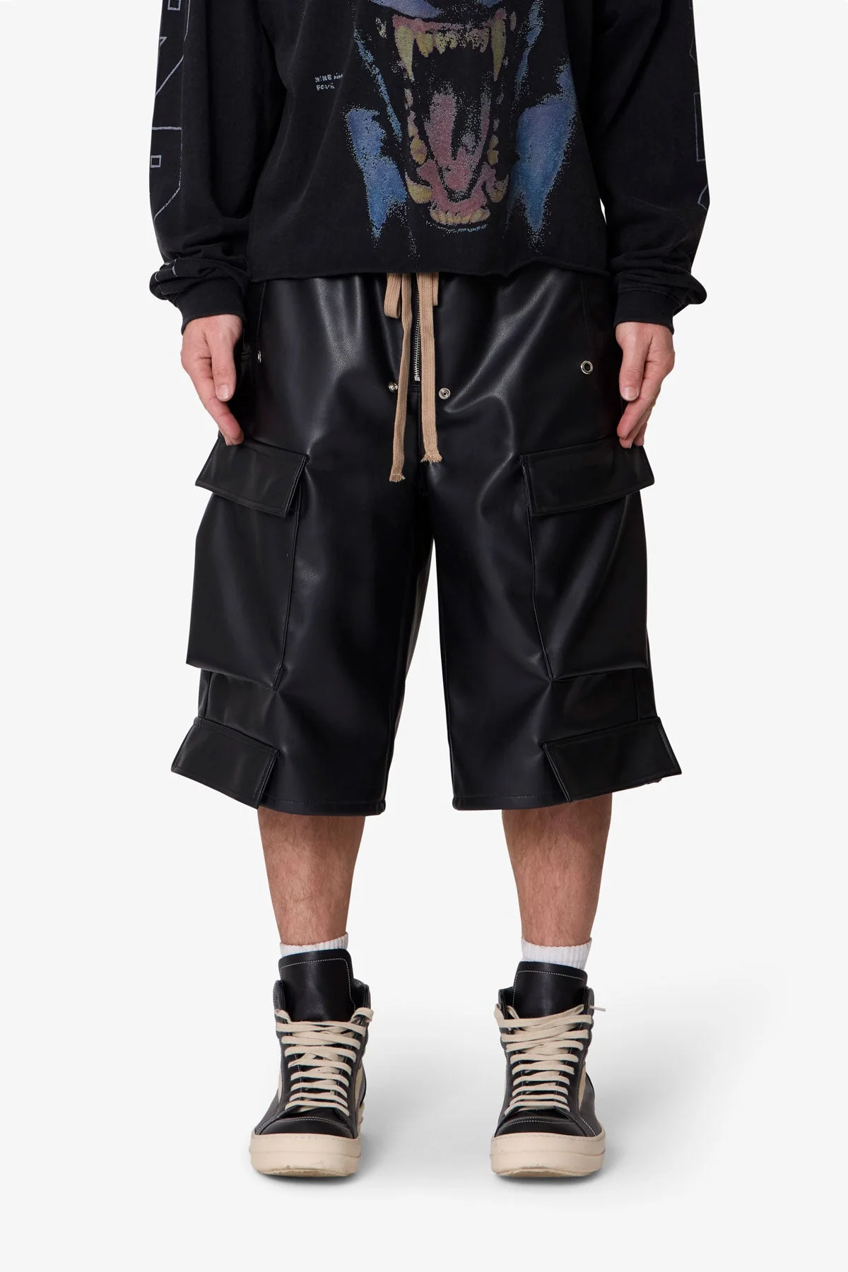 Leather Rave Cargo Shorts - Black - Image 2