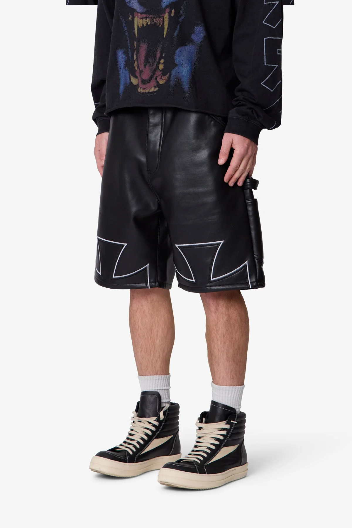 Baggy Iron Cross Leather Shorts - Black - Image 3