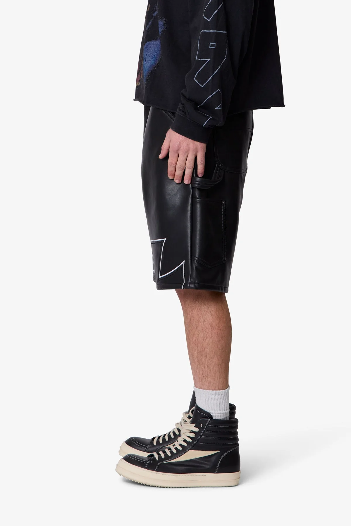 Baggy Iron Cross Leather Shorts - Black - Image 4