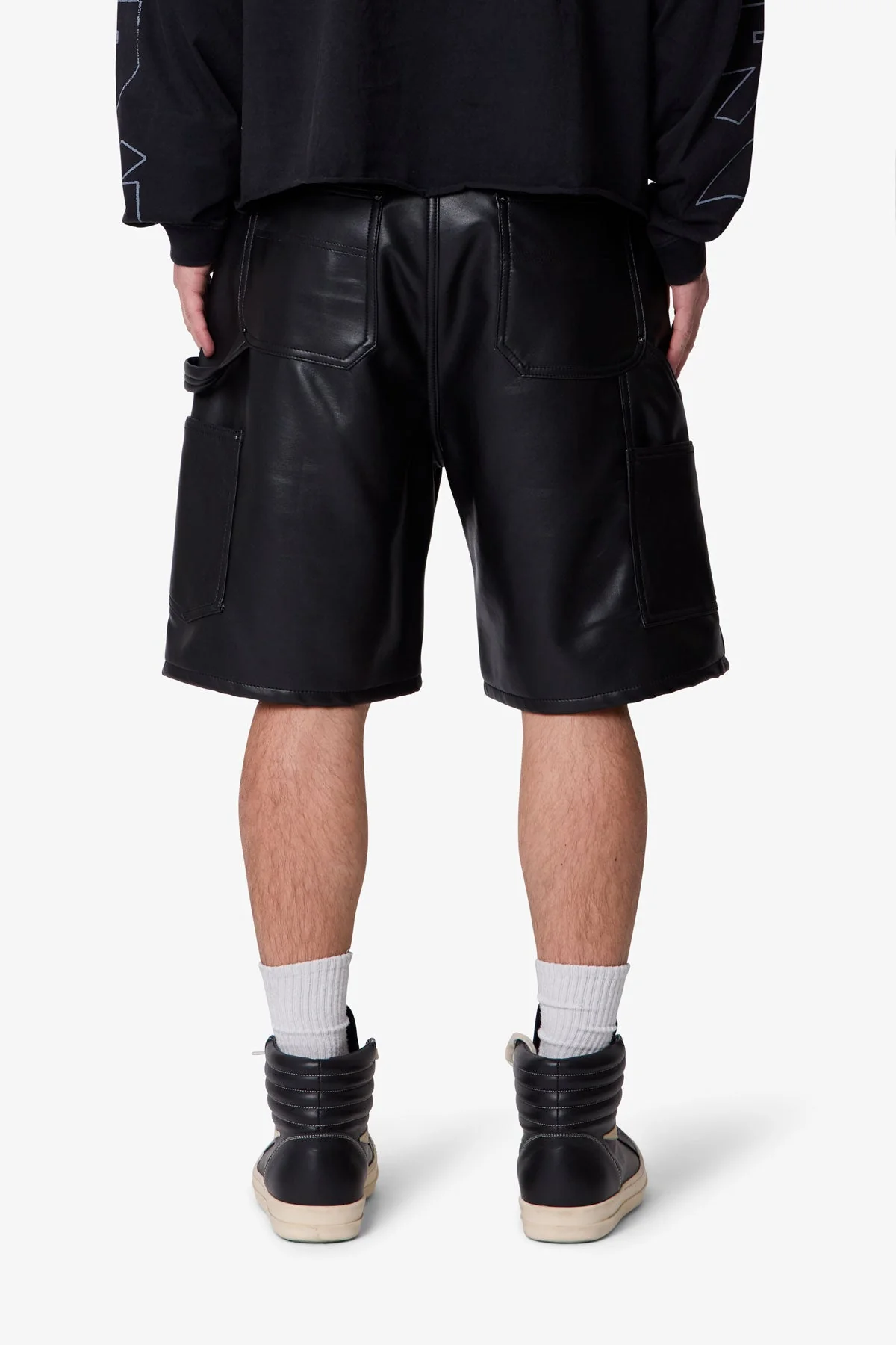 Baggy Iron Cross Leather Shorts - Black - Image 5