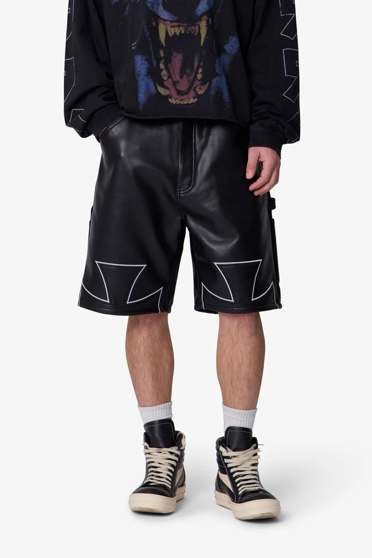 Baggy Iron Cross Leather Shorts - Black - Image 6