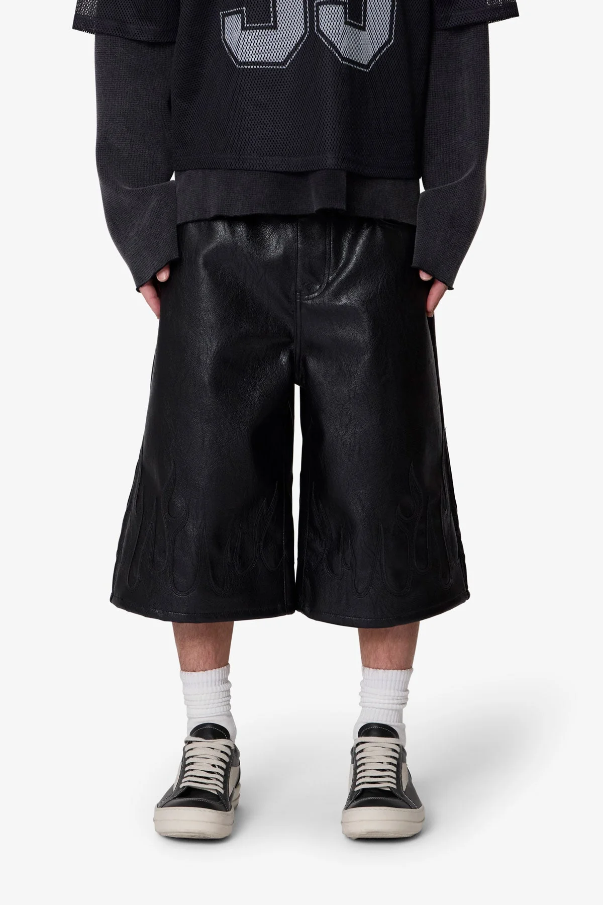 Ultra Baggy Leather Flame Shorts - Black - Image 2