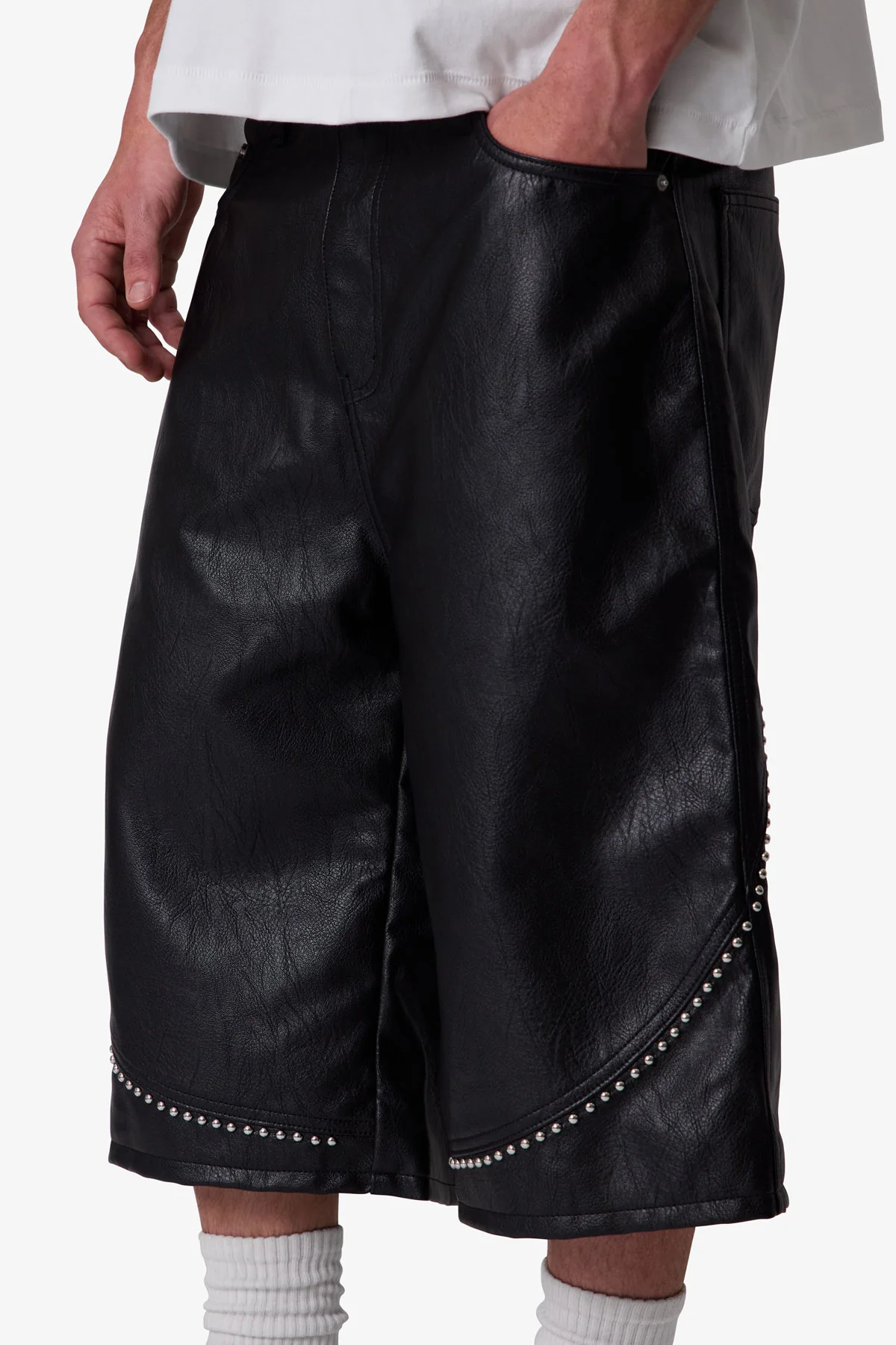 Ultra Baggy Studded Leather Shorts - Black - Image 7