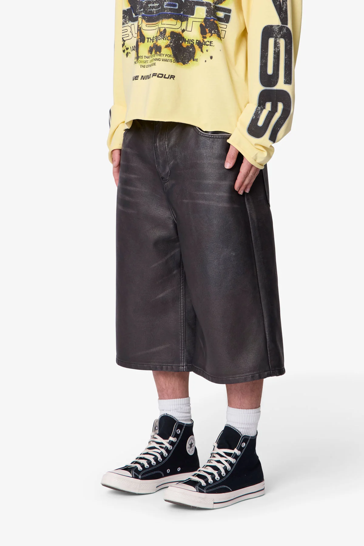 Ultra Baggy Washed Leather Shorts - Black - Image 3