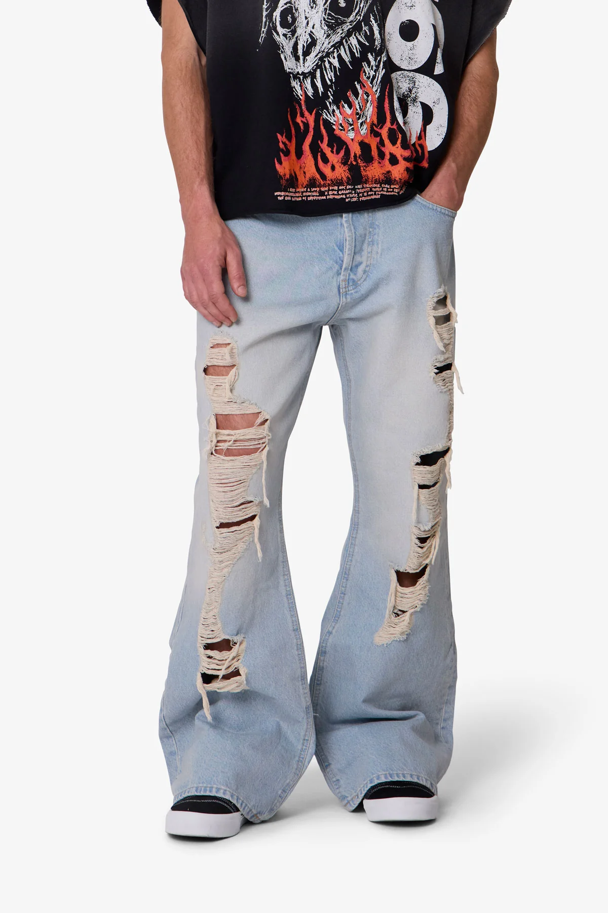 Distressed Kick Flare Denim - Blue - Image 6