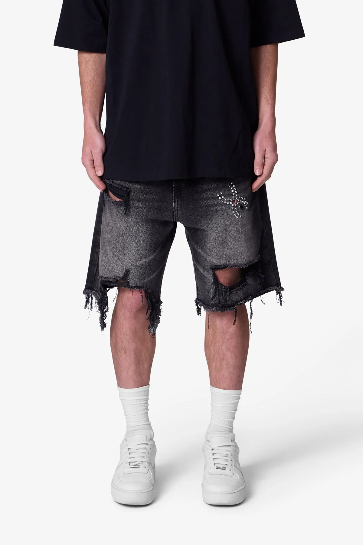 Distressed Spider Denim Shorts - Washed Black - Image 2