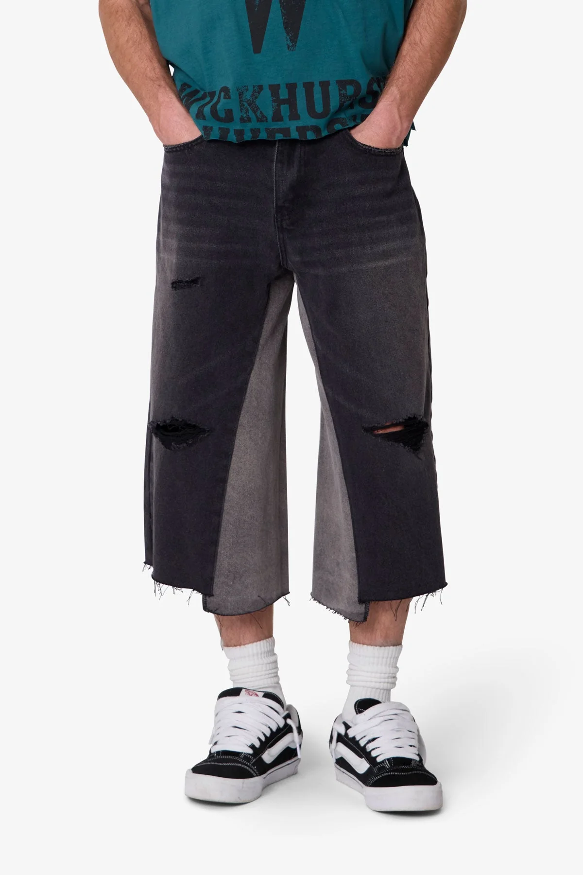 Paneled Denim Shorts - Washed Black - Image 2