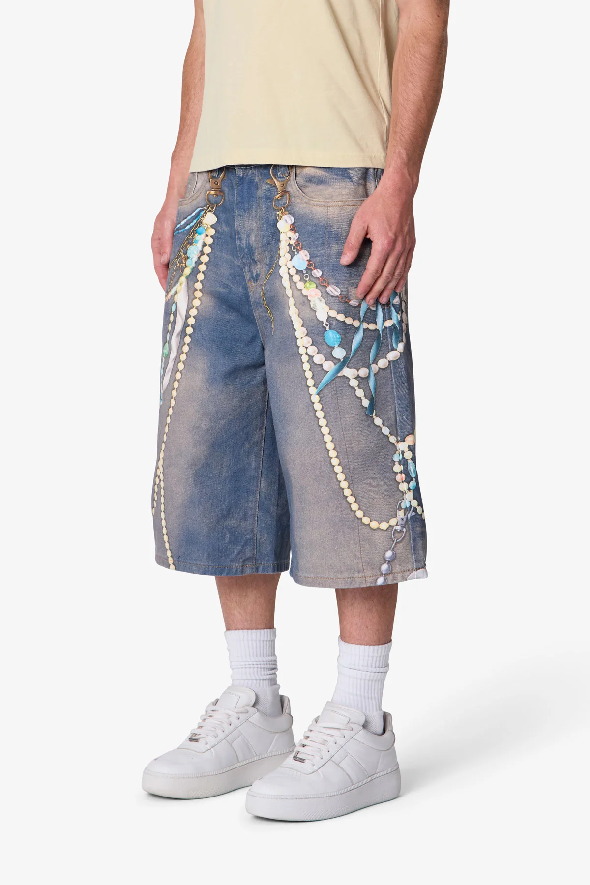 Ultra Baggy Chain Printed Denim Shorts - Light Blue - Image 3