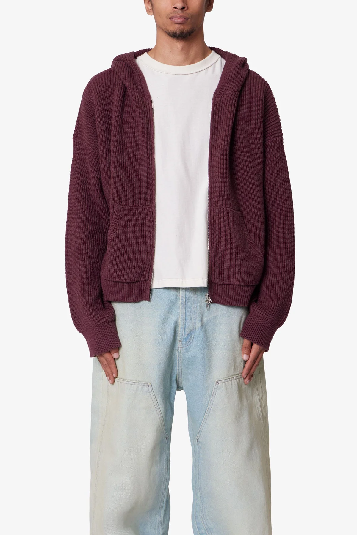Knit Zip Up Hoodie - Burgundy - Image 2