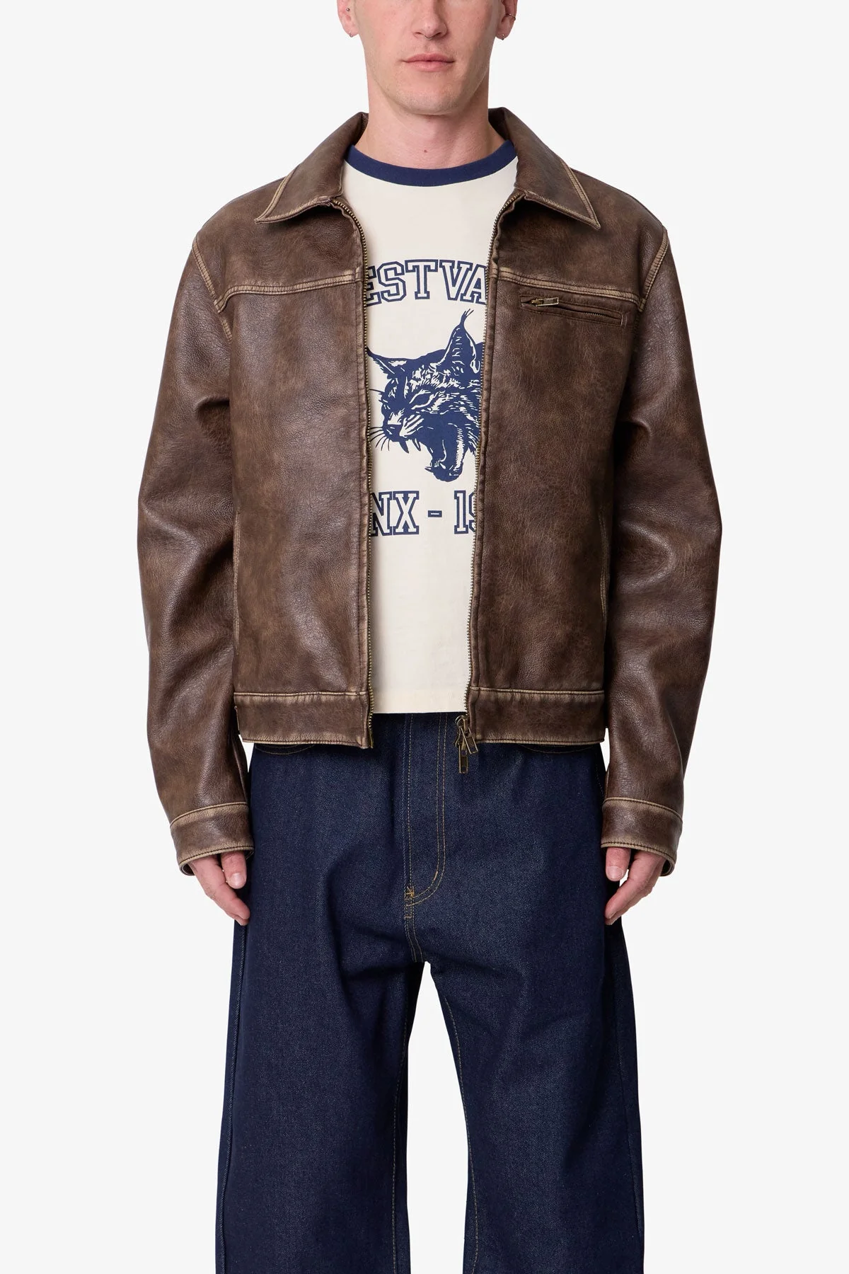 Washed Leather Jacket - Brown - Image 2