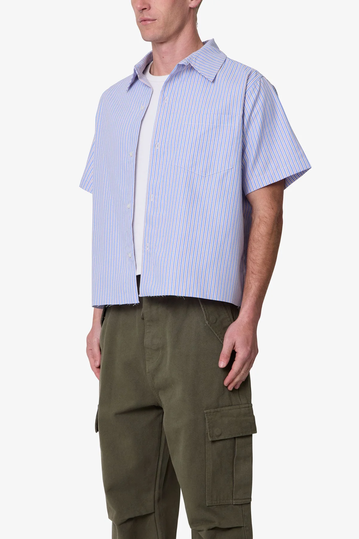 Striped Poplin Cropped S/S Shirt - Blue - Image 4