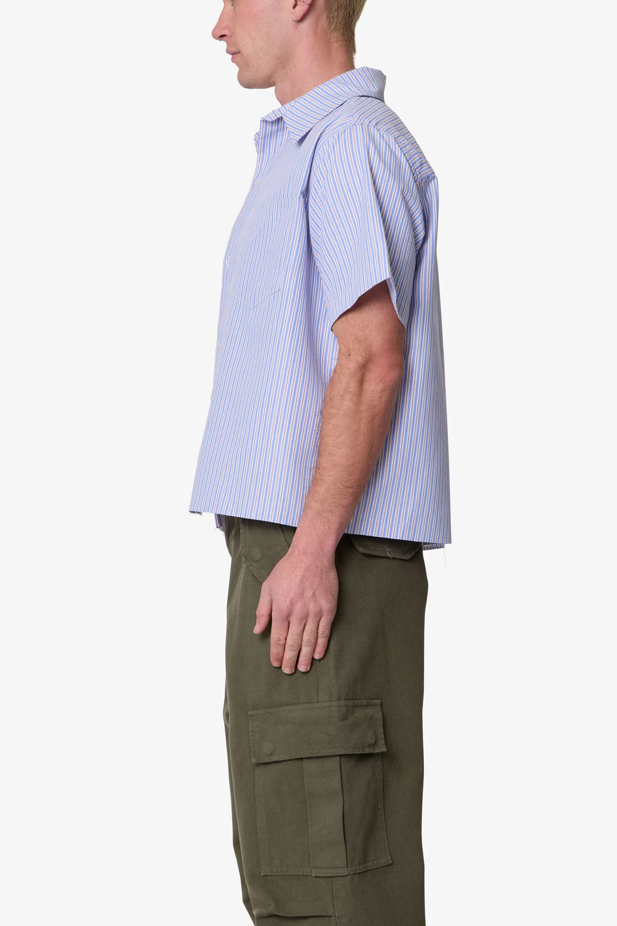 Striped Poplin Cropped S/S Shirt - Blue - Image 5