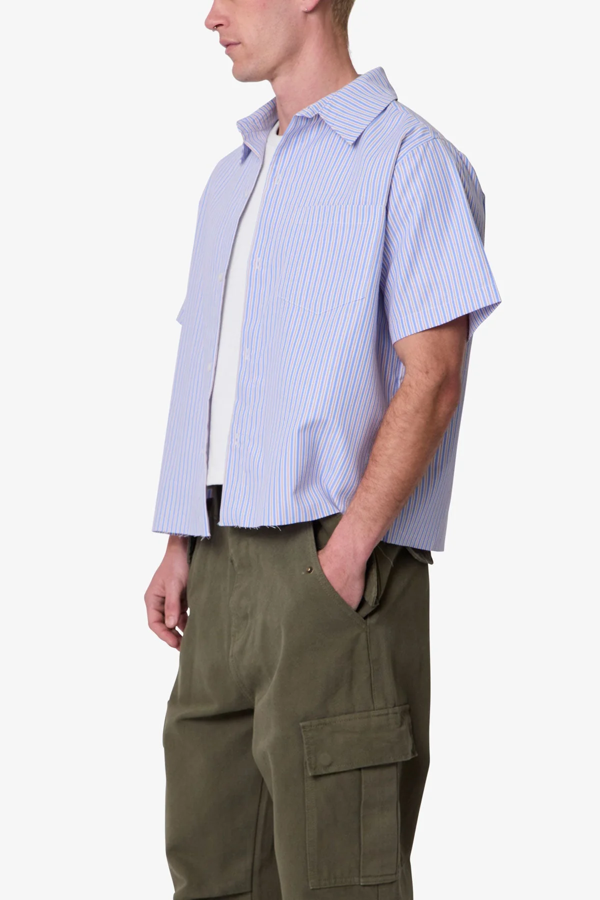 Striped Poplin Cropped S/S Shirt - Blue - Image 7
